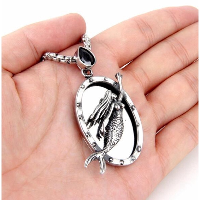 Vintage Fashion Punk Mermaid Black Stone Punk Pendant Necklace for Women Men Jewelry