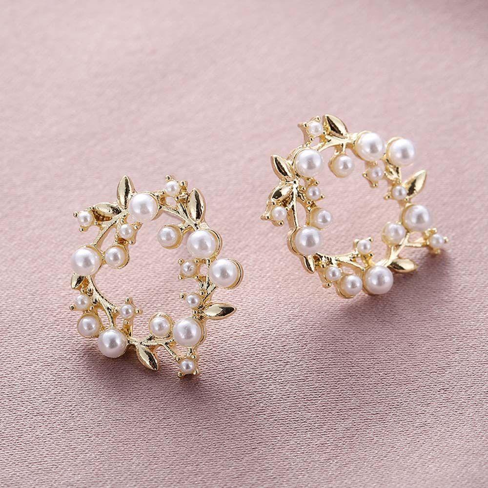 Anting Stud Silver Needle Bentuk Lingkaran Aksen Mutiara Warna-Warni Untuk Wanita
