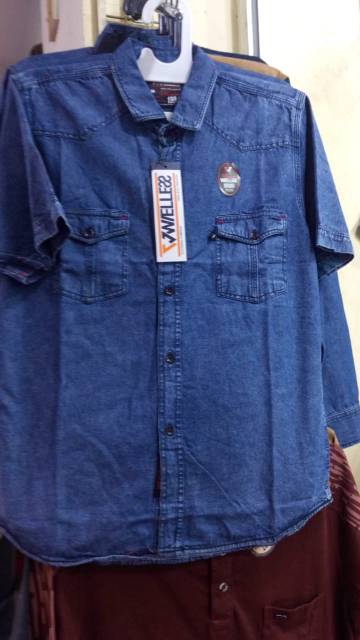 Kemeja Jeans Denim Warna Biru Lengan Pendek Premium Bandung