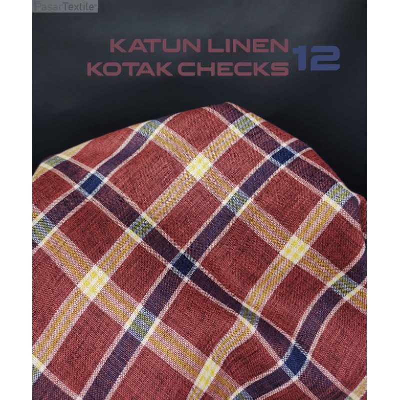 Kain Katun Linen Cotton Linen Yarn Dyed Motif 12 Kotak per 0.5meter