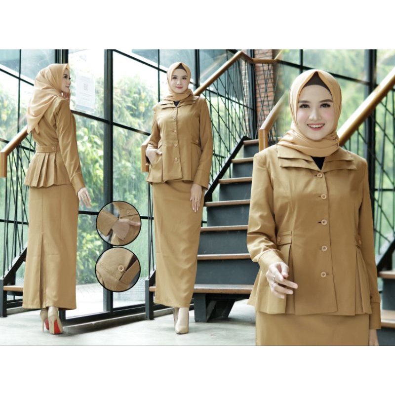 BAJU DINAS PNS /SERAGAM GURU SUSUN MUDA /COKLAT JUNGKIS SUSUN FREE HIJAB
