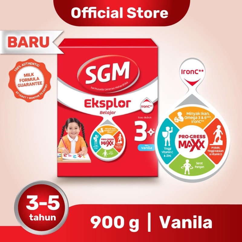 SGM EKSPLOR 3 PLUS 3+ 900g MADU/VANILA/COKELAT UNTUK ANAK USIA 3 TAHUN KEATAS