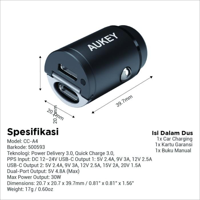 Aukey Car Charger 2 Port Type C 30w PD &amp; QC - 500593 / 500838