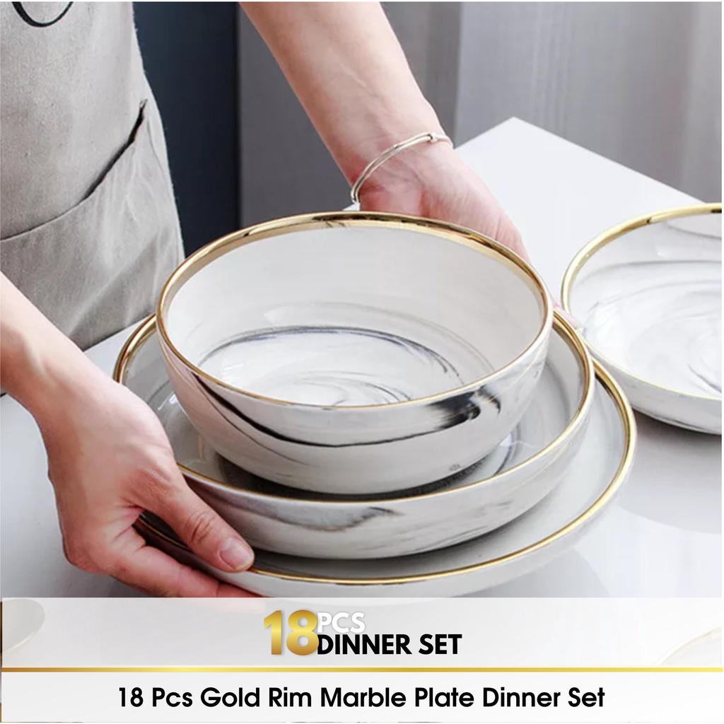 Set 18 &amp; 26 PCS Piring Mangkok Mangkuk Makan Keramik Bowl Set Marble Marbel Plate Gold Rim