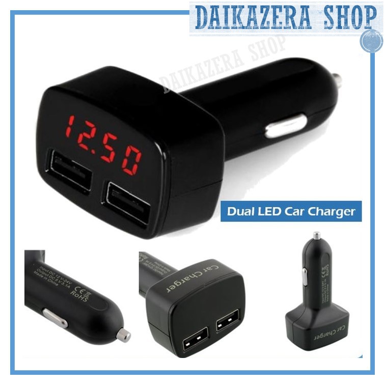 Dual USB Car Charger with LED Display - EC2 - Black