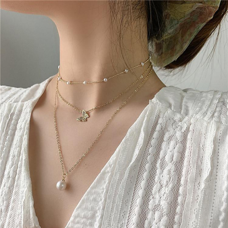 Kalung Choker Rantai Banyak Lapis Aksen Kupu-Kupu + Mutiara Elegan Untuk Wanita