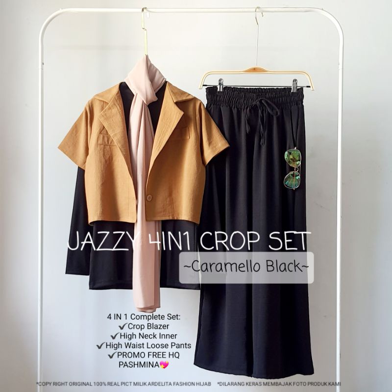 ORI 100% REAL PICT JAZZY 4 IN 1 SET PAKET BAJU OOTD WANITA HEMAT LENGKAP PREMIUM PRAKTIS | SELEGRAM OUTFIT | BAJU WANITA BAGUS MURAH MODEL TERBARU | BAJU BLAZER CROP CELANA KULOT HIGH WAIST