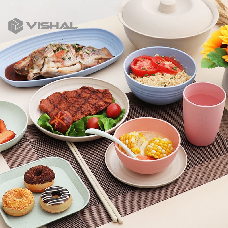 VISHAL 1Set Dinner Plate Piring Bulat Mangkok Wheat Straw Bowl Sumpit Sendok Free BPA Mangkuk / Gelas / Jerami Makan Bowl