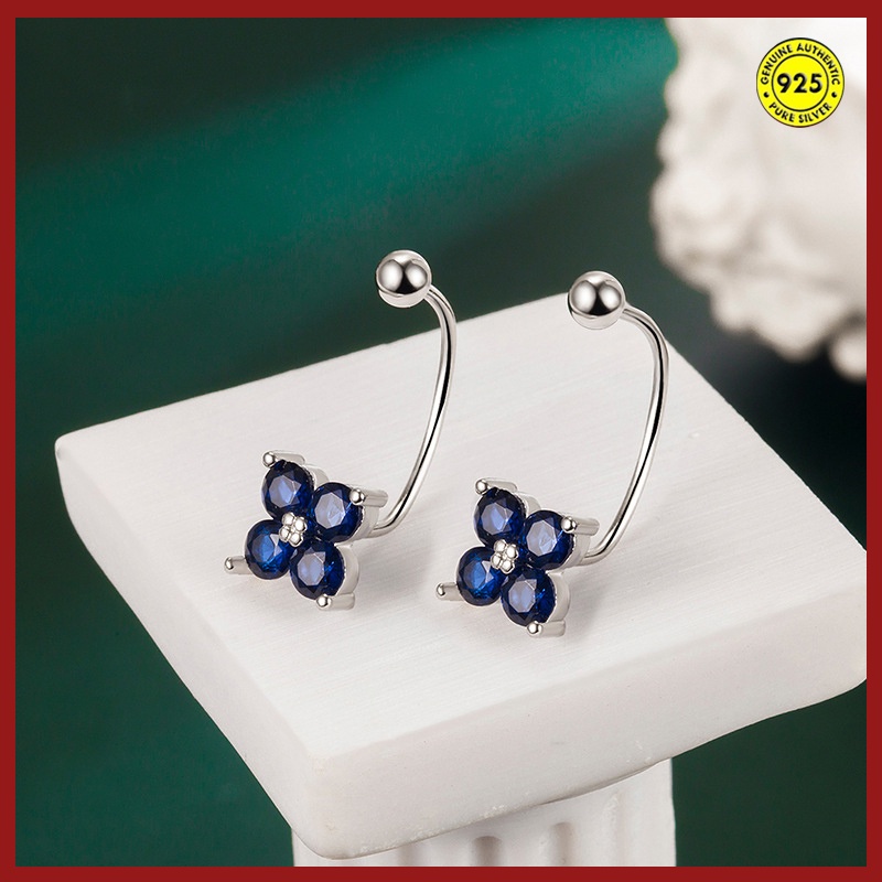 Anting Stud Bentuk Bunga Clover Empat Daun Bahan Zirkon AAA Warna Biru Untuk Wanita