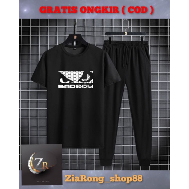 Set pakaian Pria, Kaos+Celana Panjang Bermotif BadBoy White