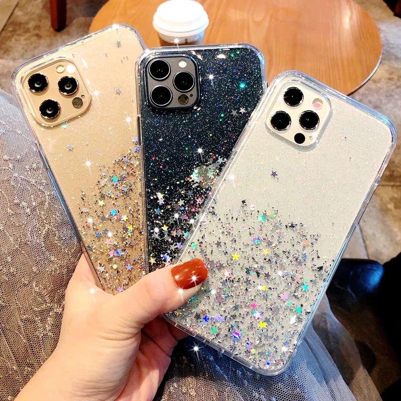 Soft Case Transparan Motif Glitter Untuk iPhone 11 12 13 14 Pro Max XR XS 7 8 Plus