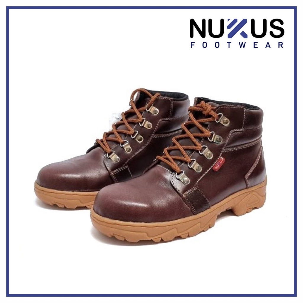 Nukus Sepatu Safety Boots Pria Kulit Asli Coklat Tua - D04