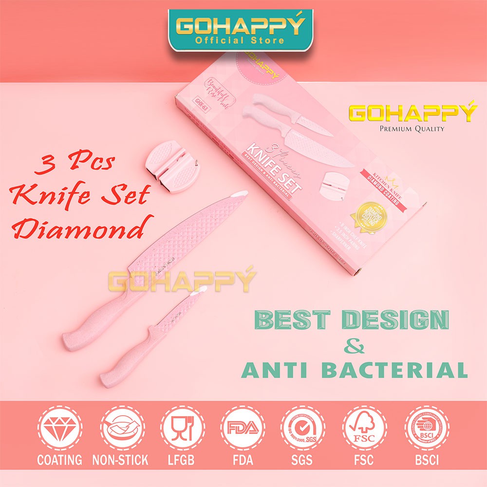 DIAMOND KNIFE SET GOHAPPY Pisau Set Diamond 3 pcs GHX63 Termasuk Pengasah tersedia warna Great tosca