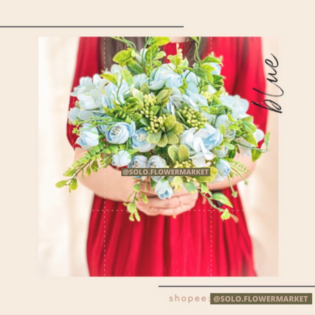 25cm buket Mix HYDRANGEA RANUNCULUS artificial flower Bunga Palsu Buatan mini hydrangea daun artific