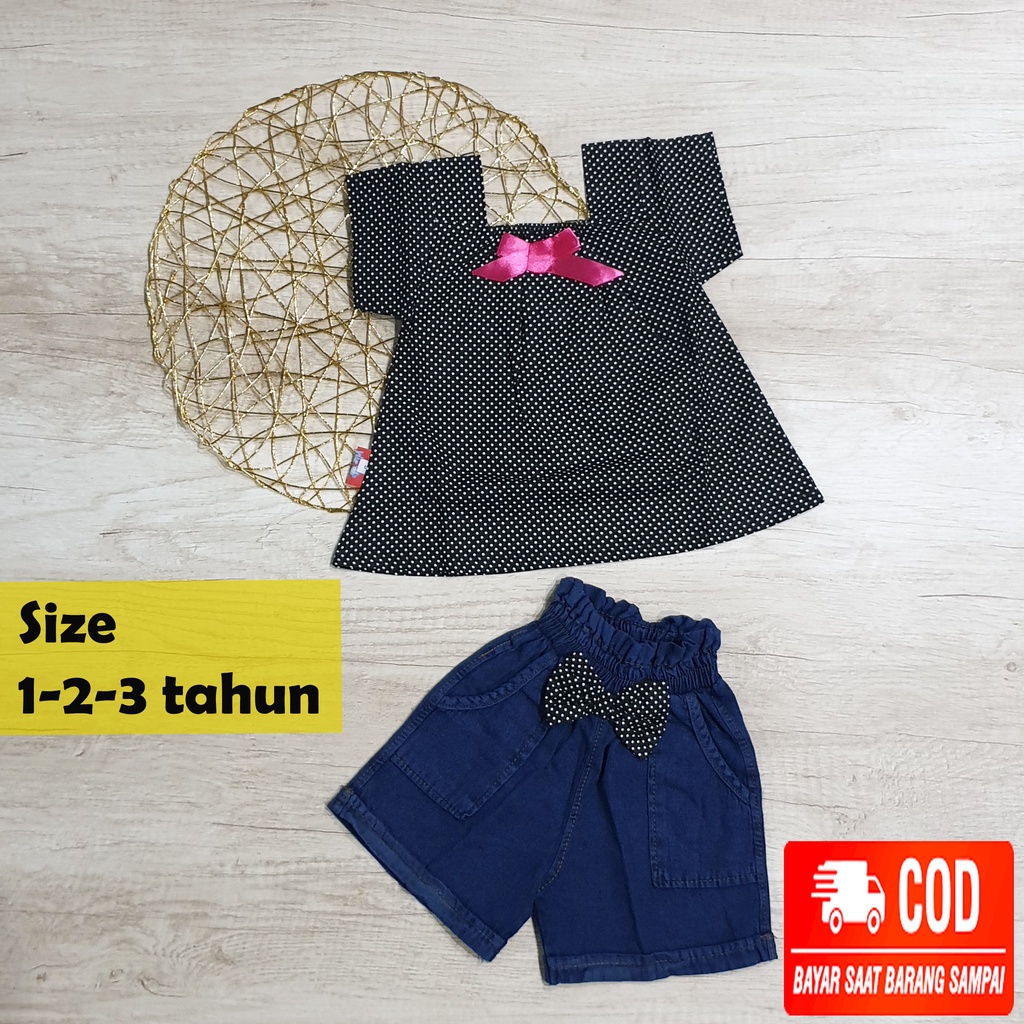 Setelan Jeans Anak Perempuan 1 2 3 Tahun Celana Pendek Denim Atasan Katun Lengan Pdk Dan Stln Jins B