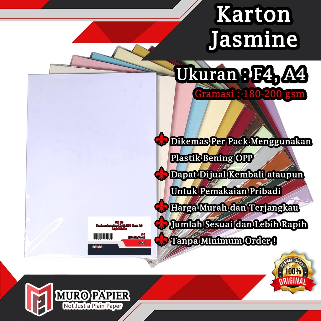 Jual ( PER PAK - ISI 20 ) Karton Jasmine 180 - 200 Gsm F4 A4 - By Muro ...