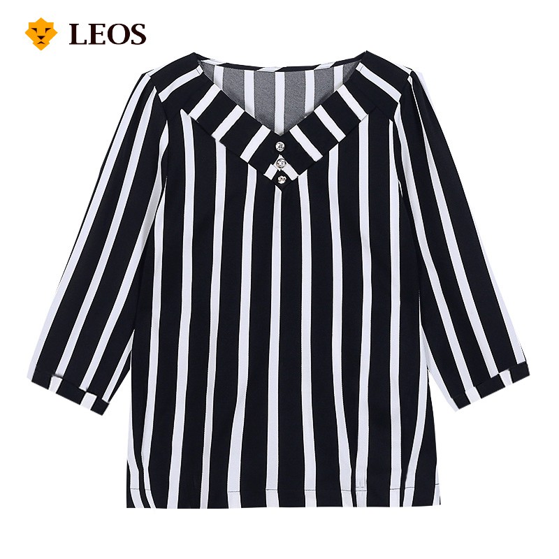 

LEOS Original Blouse Wanita Lengan ¾ V-Neck Motif Garis Hitam Putih