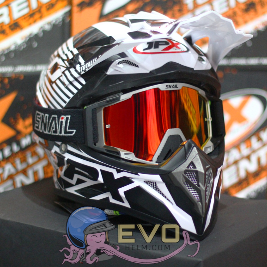 HELM JPX CROSS_FOX1 SERI X12 - PEARL WHITE GLOSS + GOOGLE SNAIL (ONGKIR 2 KG) HELM JPX X12 CROSS ORIGINAL HELM JPX ZEBRA HELM TRAIL KLX ADVENTURE JPX X12 MOTIF ZEBRA PAKET GANTENG GOOGLE SNAIL HELM JPX TERBARU