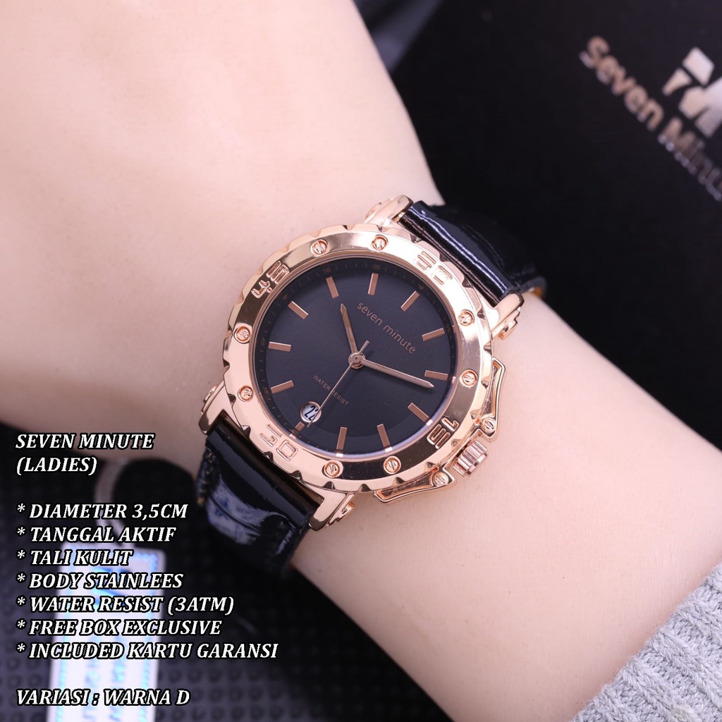 (FREE BOX) JAM TANGAN WANITASEVEN MINUTE FASHION TALI KULIT BODY BULAT TANGGAL AKTIF