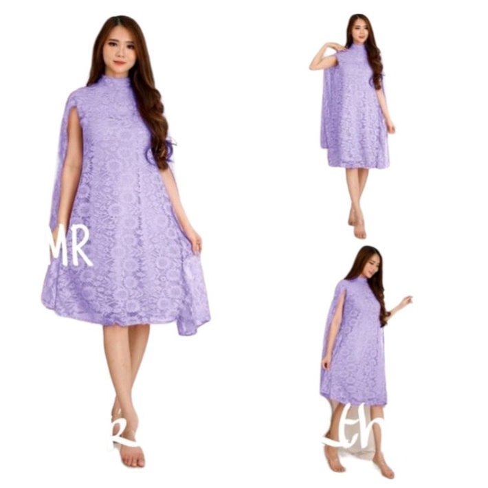 Dress Brokat Import Model korea Warna Lilac Ungu Lavender Korea Terbaru Trend Dress Wanita Modern