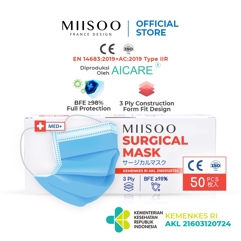 MIISOO Facemask Surgical Masker Medis 3ply 50s Masker Bedah Produksi oleh AICARE izin Edar/Kemenkes