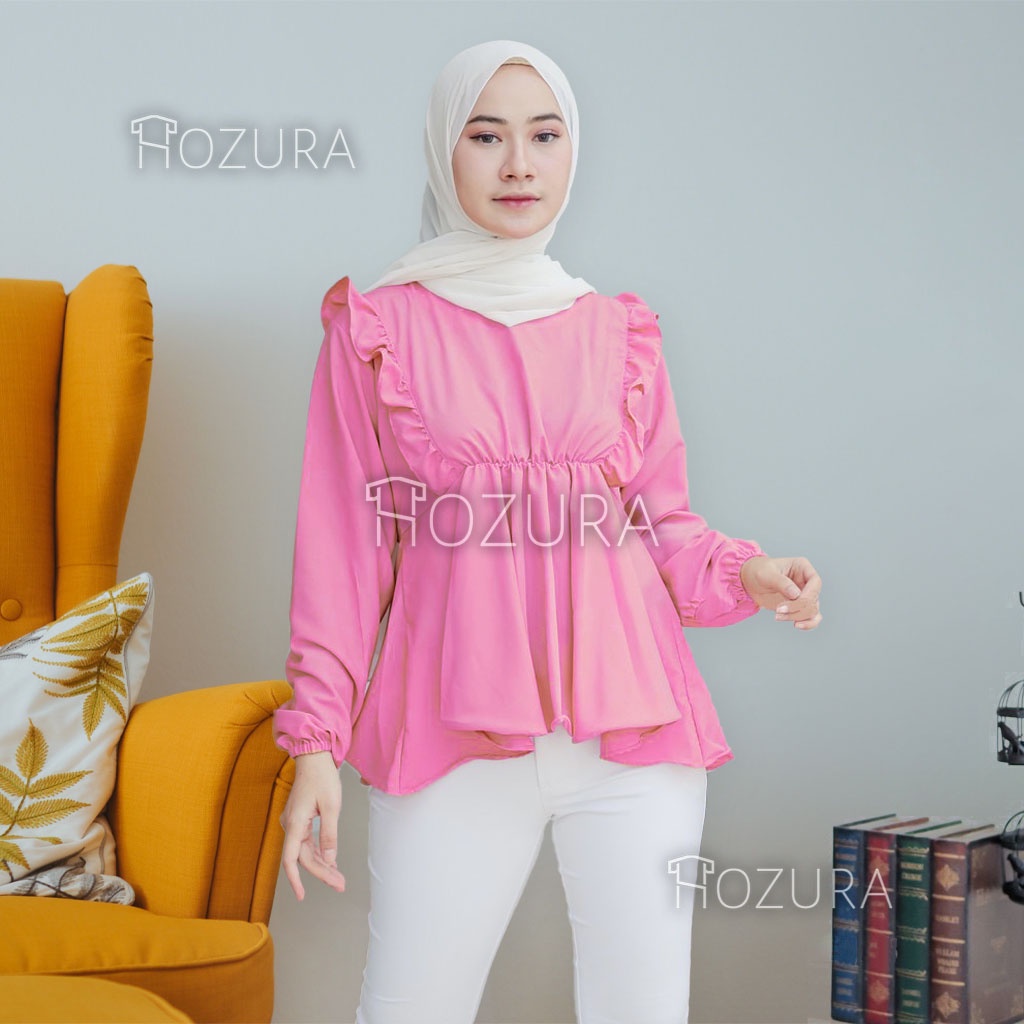 HOZURA - Blouse Dina - Atasan Muslim Wanita - Blus Wanita Muslim Ruffle - Baju Atasan Wanita Salma Blouse Kemeja Rempel Dada Crinkle Blouse Atasan Wanita Polos - Top - Baju Muslim Wanita - Blus Muslim Mewah - Kekinian Murah Gratis Ongkir COD