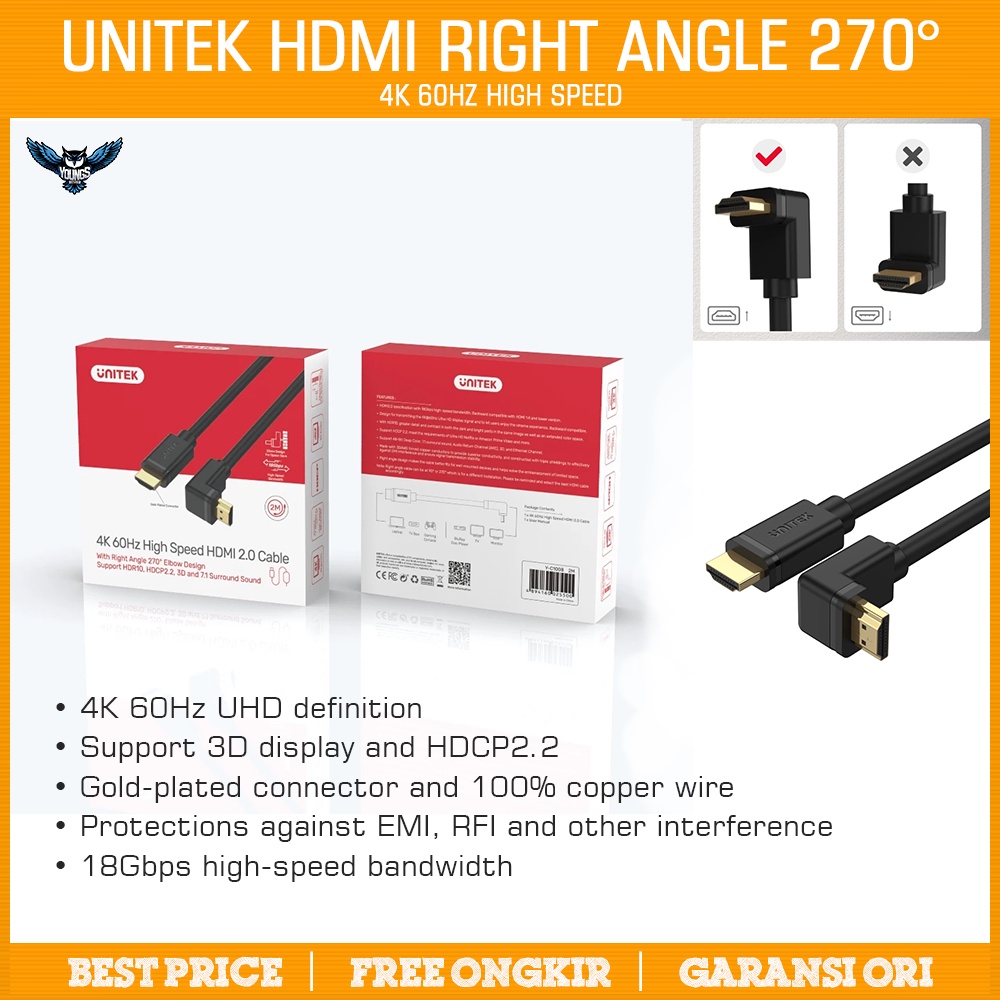 UNITEK KABEL HDMI 2.0 RIGHT ANGLE 270° 2M / 3M | CABLE Y-C1008 DEGREE