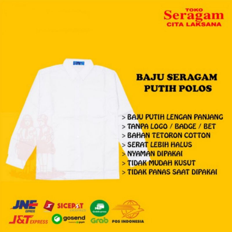 Seragam Sekolah Baju Atasan Putih Tangan / Lengan Panjang Tanpa Logo / Bet