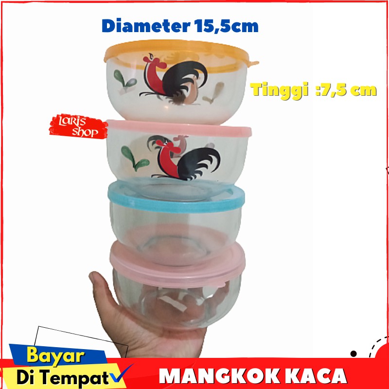 Mangkok / Mangkuk Kaca Beling Tutup Plastik Ayam Jago Kedaung