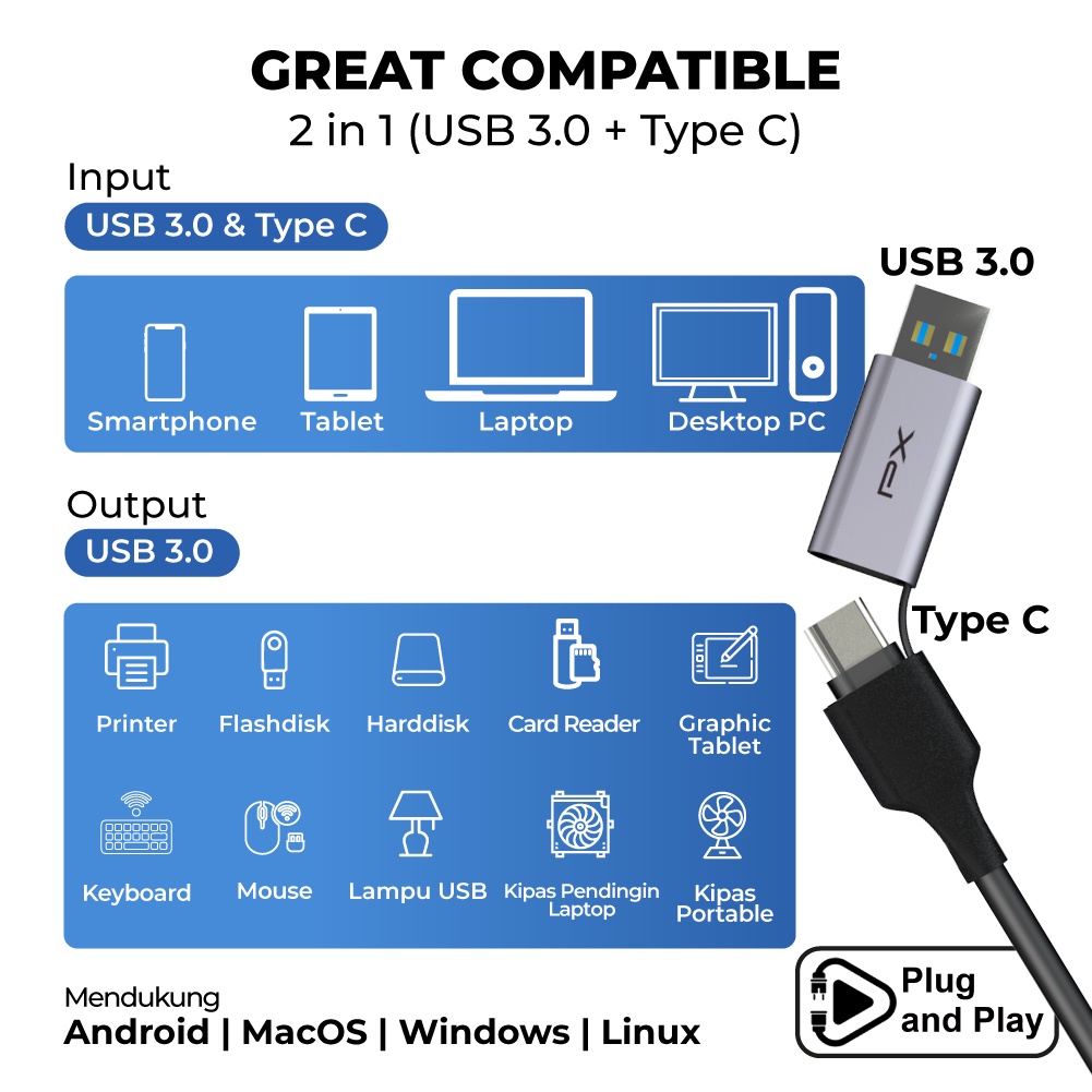 USB Hub Type C USB 3.0 Dual Connector USB Laptop Macbook 4 in 1 PX UCH24