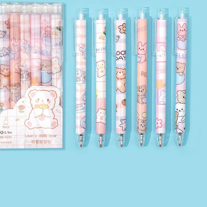 

ぱ MYUME.STORE || 6 PCS/BOX PENA GEL SET LUCU Pulpen Gel Mekanik Black Ink 0.5mm Fine Point Cute Cartoon Bear Manual Gel Pens ✈