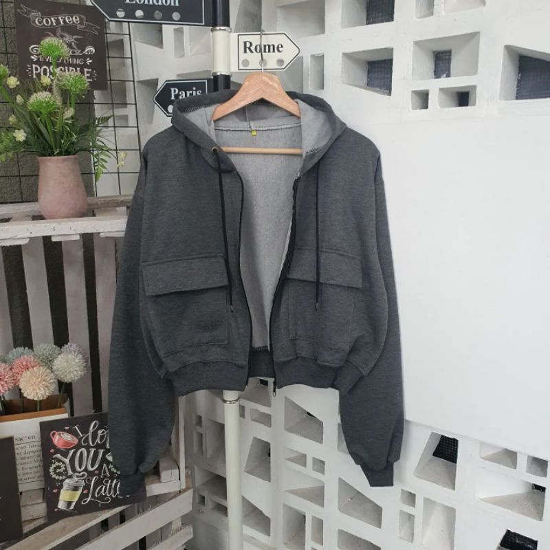 Zaira Crop Hoodie Wanita M L XL-Abu Tua