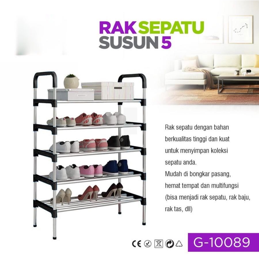Rak Sepatu Stainless 5 Susun Portable Shoe Rack 5 Levels Tempat Penyimpanan Sepatu Sendal Rak Susun 
