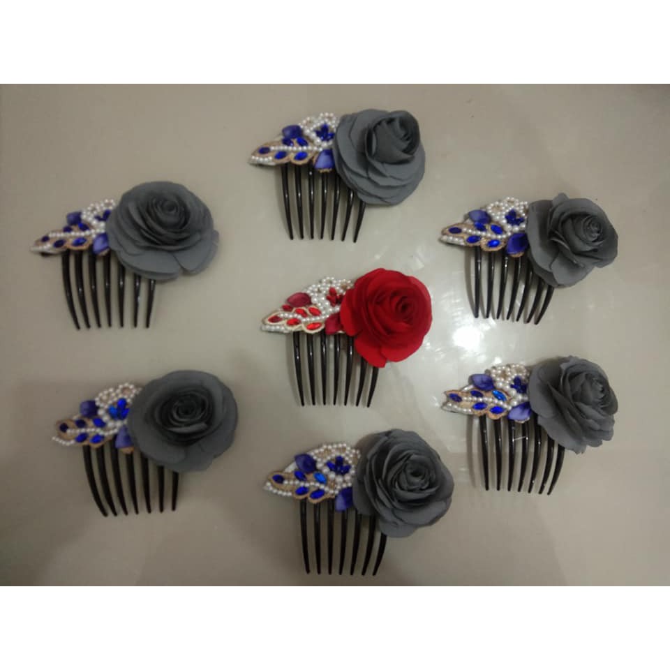 Sirkam Rambut Hiasan Bunga Mawar + Mutiara + Manik - Manik