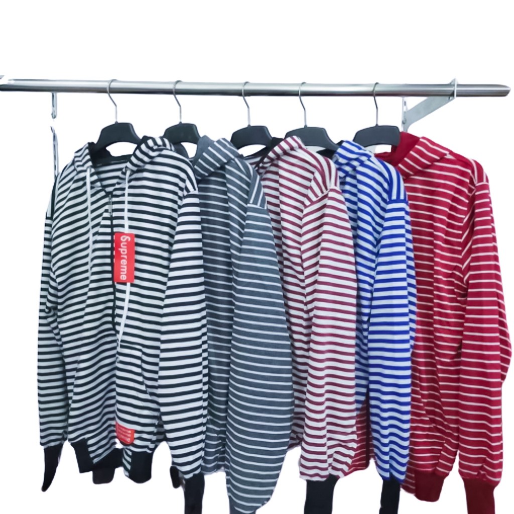 Sweater Jaket Zhipper Salur Stripe Belang-belang  bahan Fleece Catton PRIA WANITA Size L fit XL