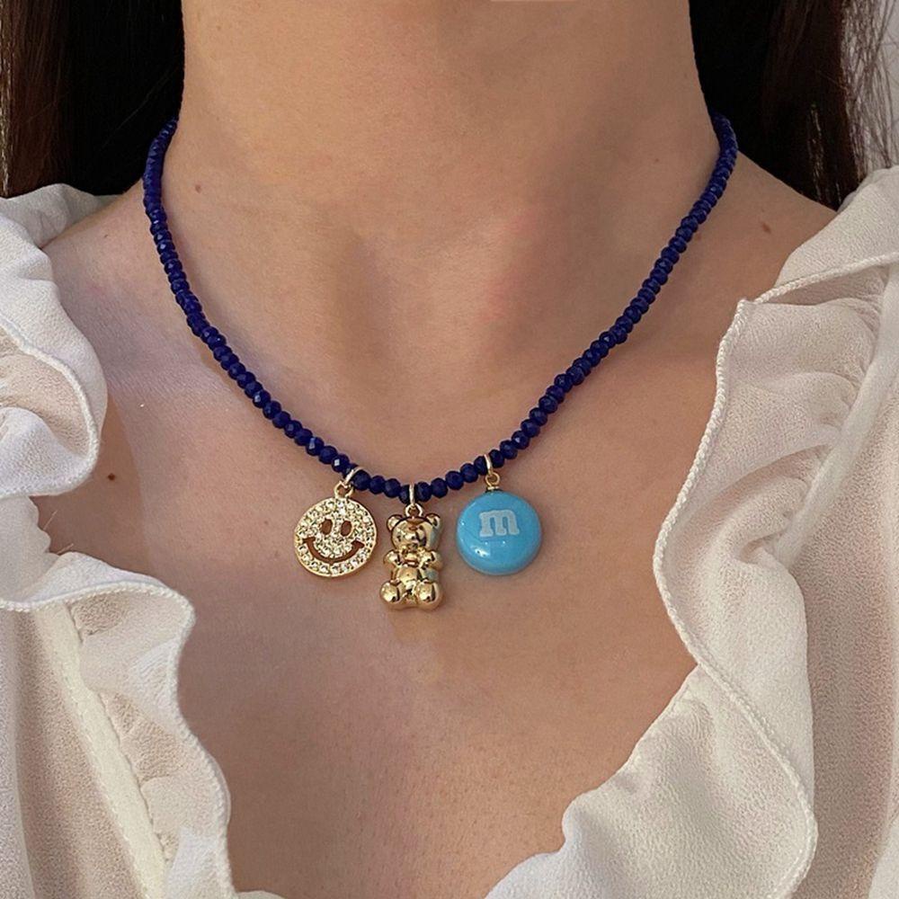 Needway   Beruang Rantai Klavikula Gadis Vintage Huruf M Kacang Boho Kalung Smile Face Beads Women Necklace