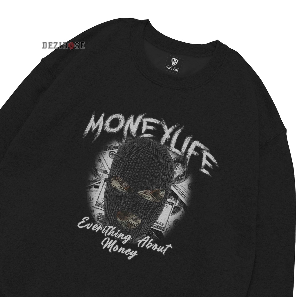 DEZIROSE Sweater Crewneck Money Life Pria &amp; Wanita Distro Fleece Tebal Hitam Premium Size M-XXL