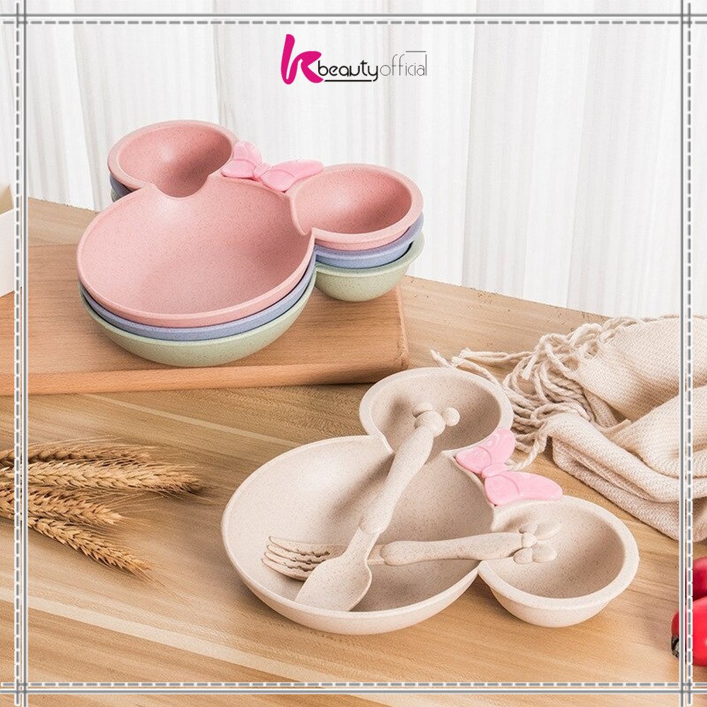 KB-C373 Piring Makan Anak Karakter Miki Set Sendok Garpu / Mangkok Makan Wheat Straw / Tempat Makan Anak Set / Mangkuk Makan Bayi Bahan Jerami Gandum-4