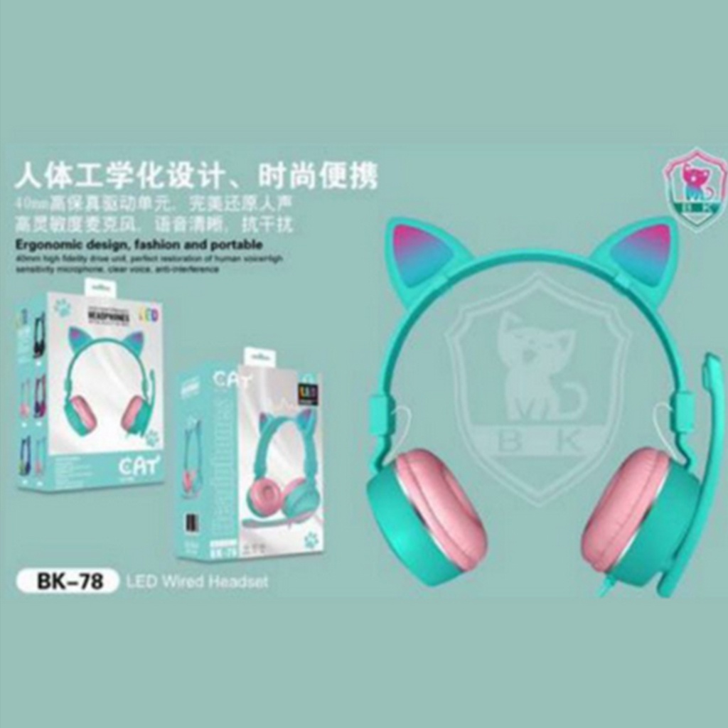 Headphone Bando Cat Ear BK-78 Wired Headset LED With Microphone 3.5mm
