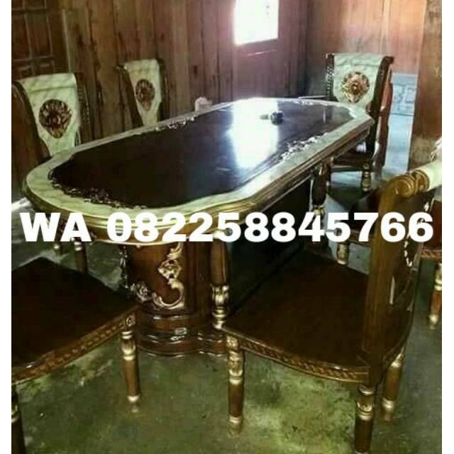 Meja Kursi Makan Jati Ukir Jepara, Meja Makan 6 Kursi Warna Natural Marmer Emas Murah