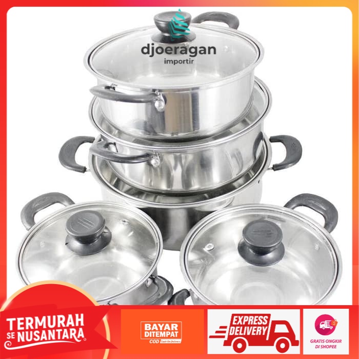 [DJOERAGANIMPORTIR] [PANCI 5 SUSUN] Panci Beranak Stainless Steel Tutup Kaca Set isi 5pcs