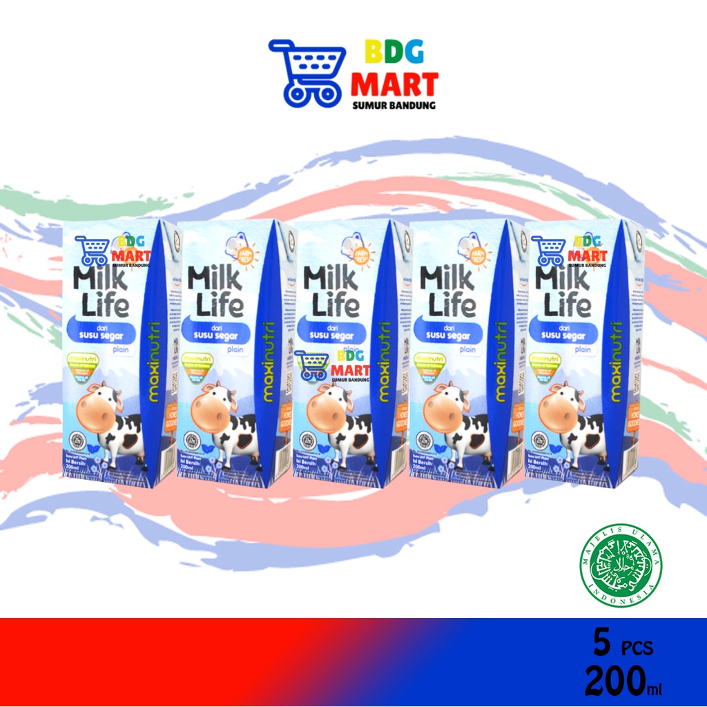 

5PCS Milk Life Susu Sapi Segar Rasa Plain Nutrisi Maksimal Halal MUI - 5pcs x 200ml