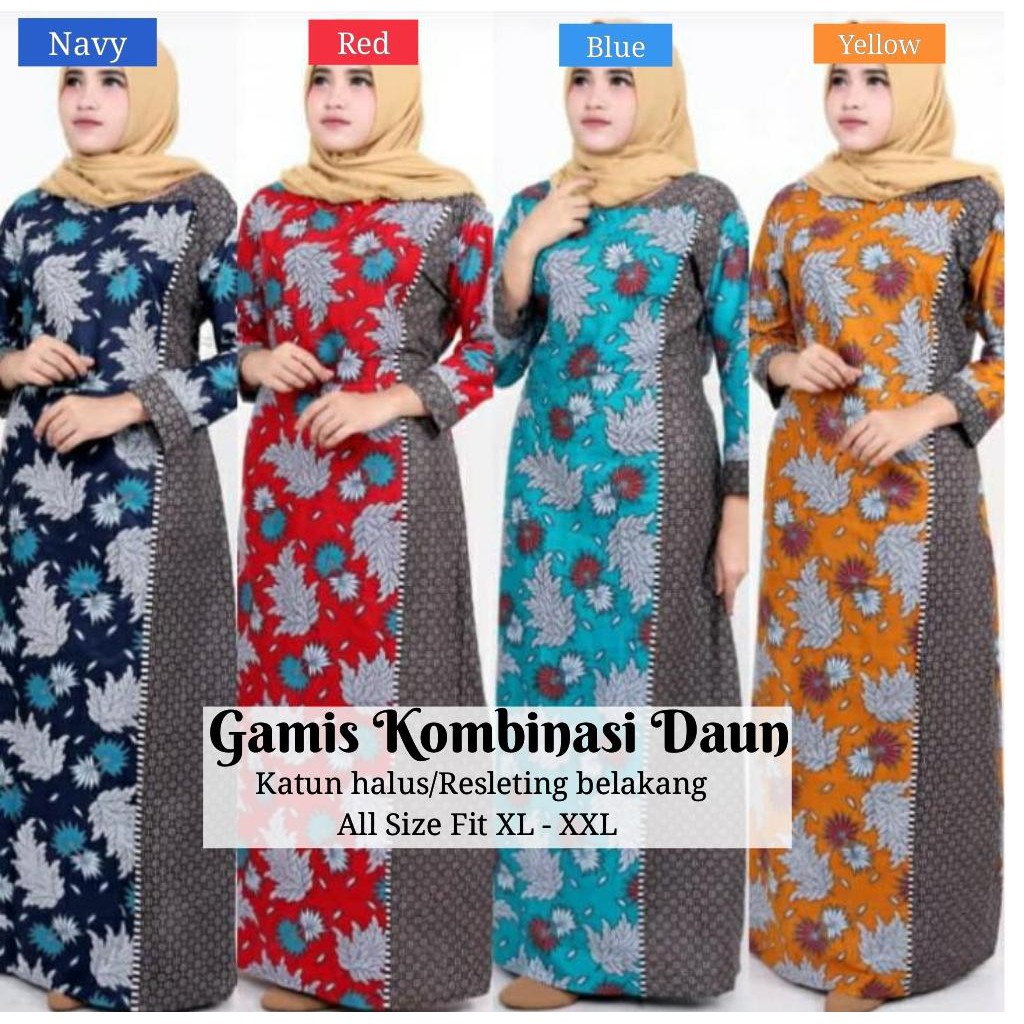 aneka batik Gamis Kombinasi Daun / gamis batik / dress batik / batik solo / batik modern / batik