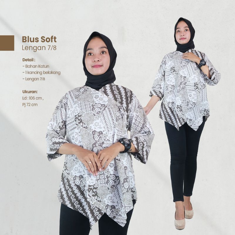 Blus Wanita Motif Batik Soft Kombinasi Lengan 7/8 - Naira Batik