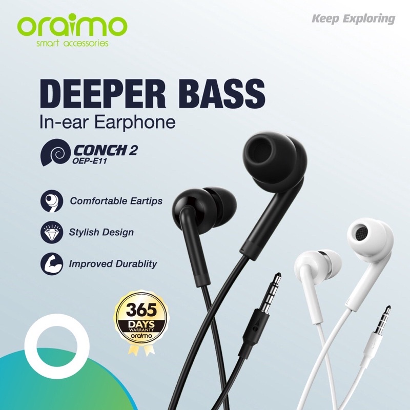 Oraimo OEP-E11 Conch 2 Deeper Bass In-Ear Headset / Earphone ( White &amp; Black ) Garansi Resmi 1 Tahun