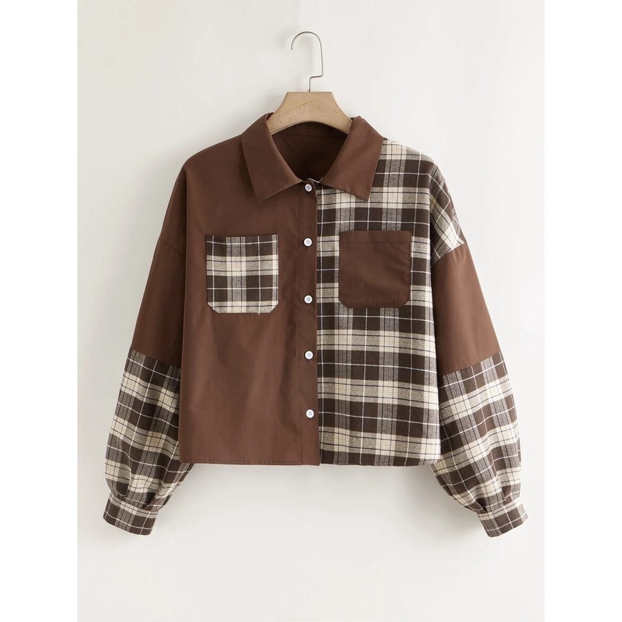 Vallina Audrey Blouse Top Two Tone Shirt Plus Plaid Dual Pocket Button Through Shacket Atasan Muslim Kemeja Wanita Korean Style-2