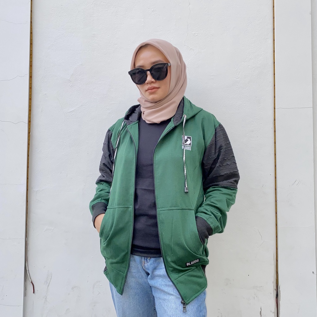 Jaket Sweater Zipper Bordir Kombinasi Qwilting EMERALD BLDS