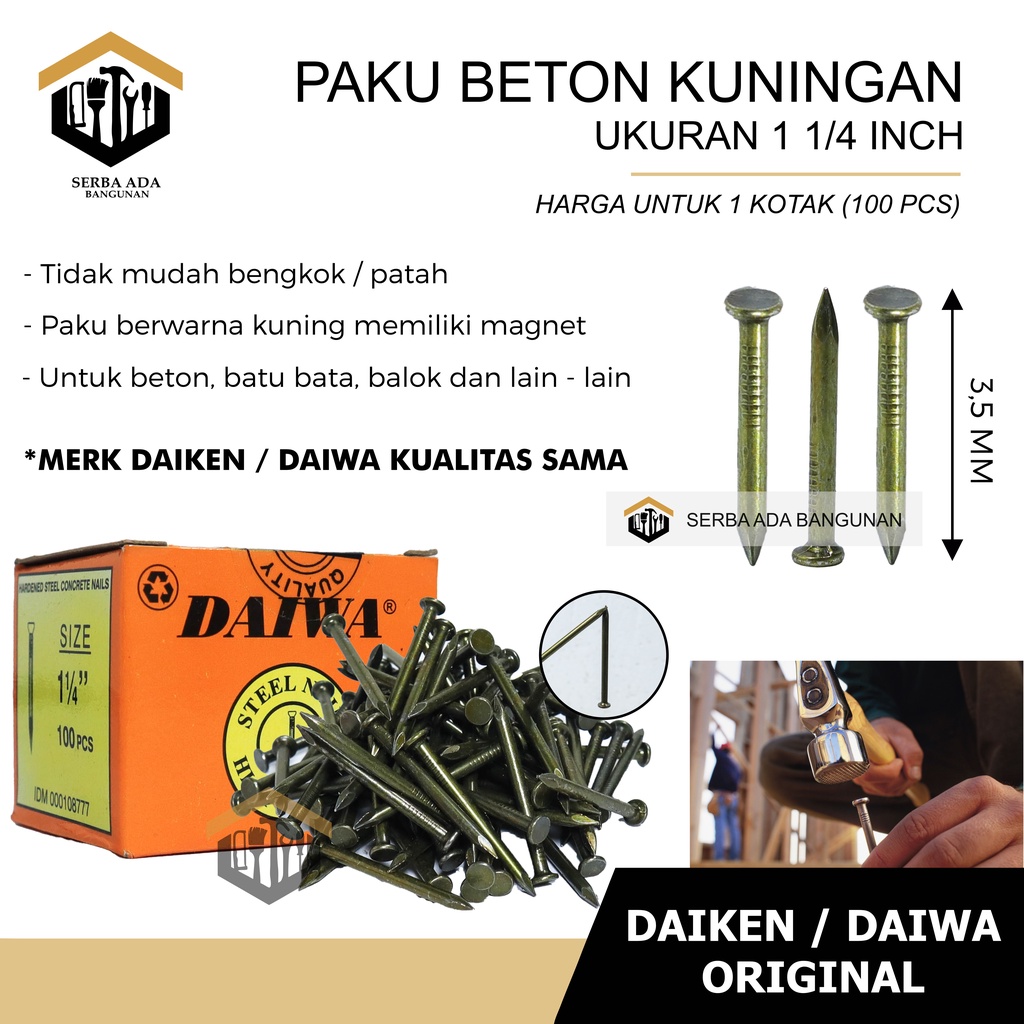 PAKU TEMBOK BETON KUNINGAN DAIWA DAIKEN DINDING BESI SIZE 1 - 11/2 - 11/4 - 2 - 21/2 - 3 - 4 INCH / HARGA 1 KOTAK FULL