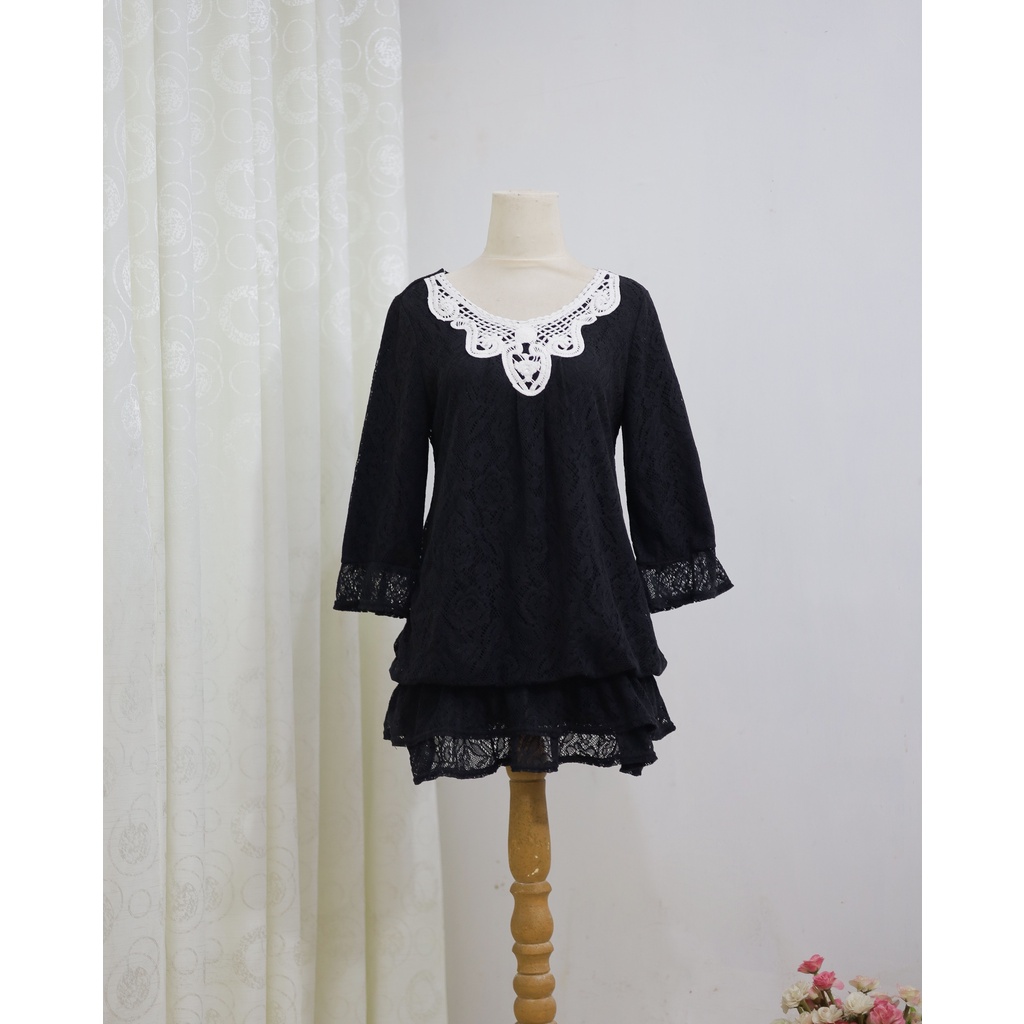 Vintage Korean Dress Black White Colar Lace Brokat