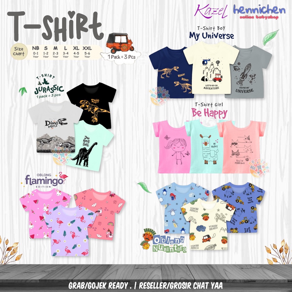 3pcs KAZEL TSHIRT SUMMER EDITION / TINY SPACE / BE HAPPY / UNIVERSE / NUSANTARA / JURASSIC / FLAMINGO TSHIRT ANAK PEREMPUAN LAKI LAKI  ATASAN ANAK BAJU ANAK PEREMPUAN 1-6 Tahun